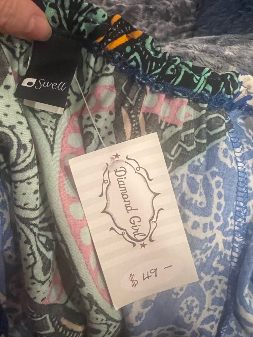 Boho Off Shoulder Shift Dress Small Blue Pink Tribal Print Bell Sleeve Lined - Picture 7 of 15